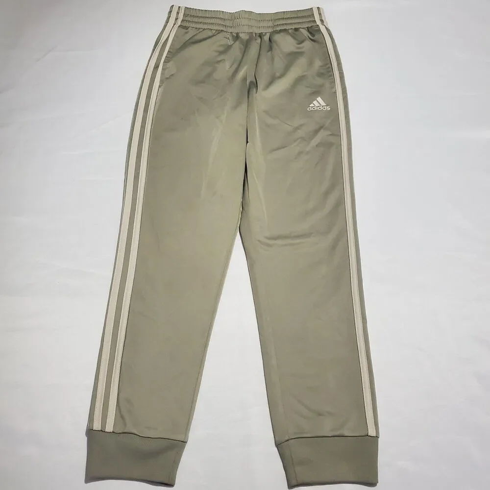 Adidas Kids Jogger Track Pants Size M 10/12 Khaki 3-Stripe Gym Workout